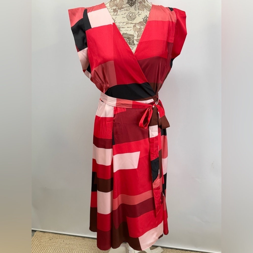 HUTCH Red and pink geometric print color block wrap midi dress size XL - Picture 6 of 16